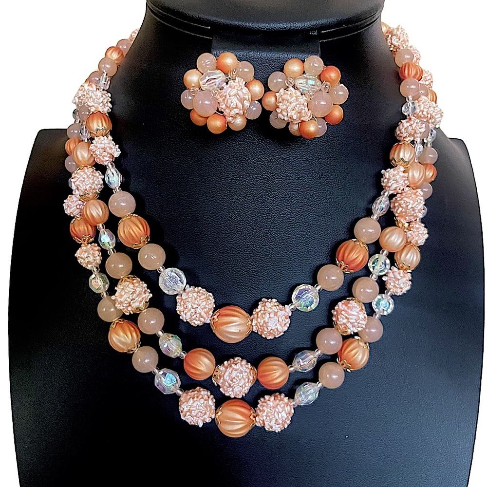 1950's-60's TRIPLE STRAND Hong Kong Beaded Necklace & Clip On Earrings